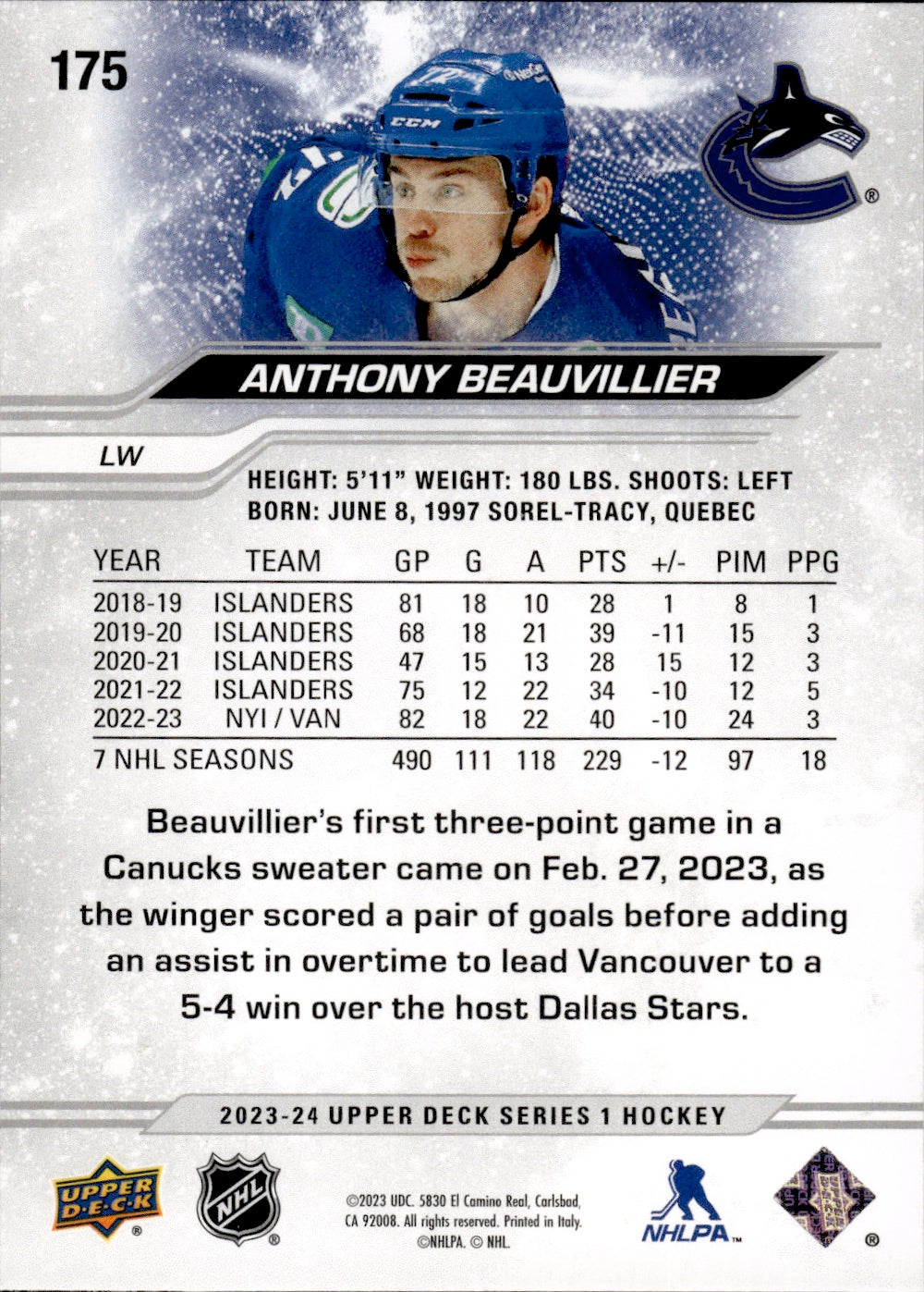 2023-24 Upper Deck Series 1 Hockey - Base #175 Anthony Beauvillier - Vancouver Canucks