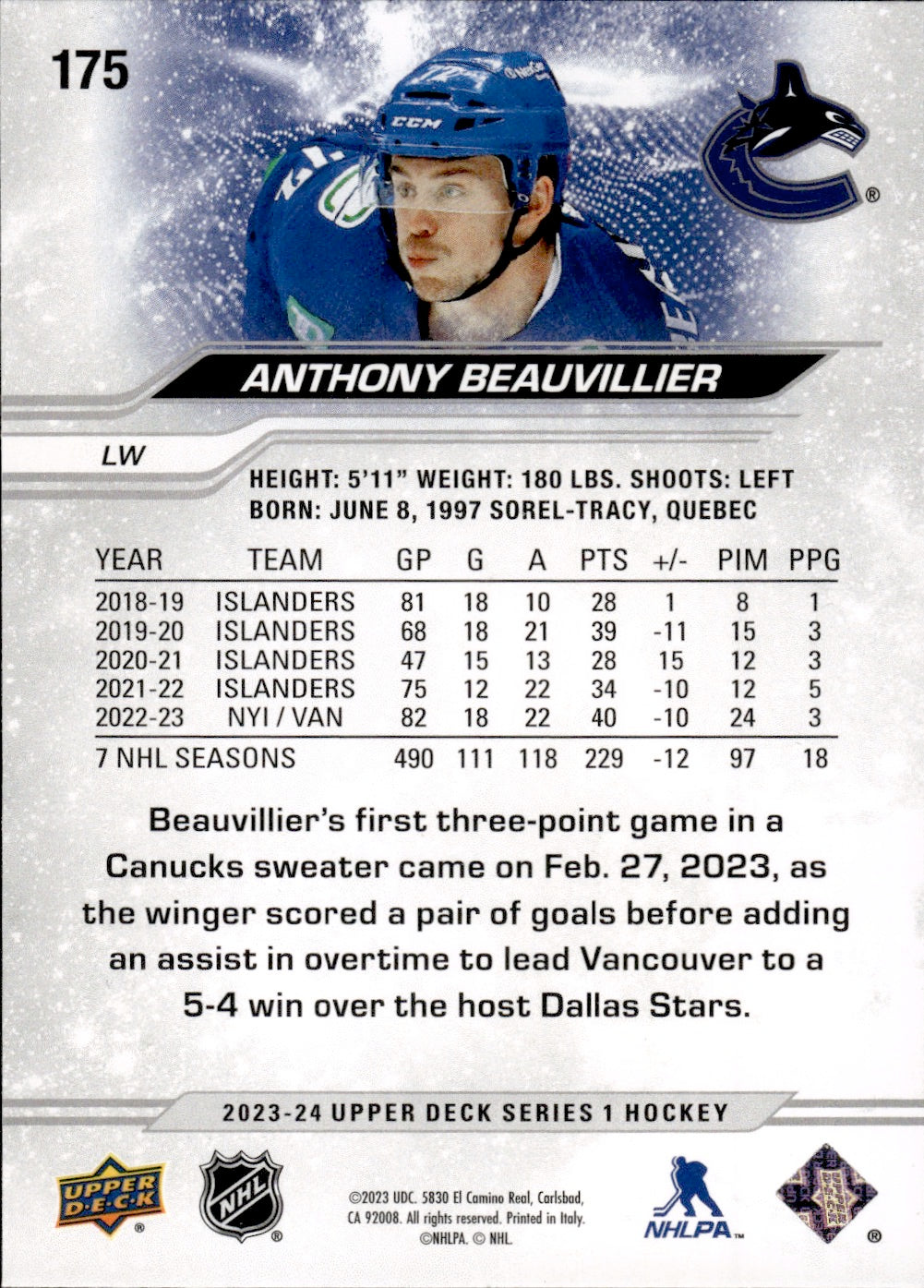 2023-24 Upper Deck Series 1 Hockey - Base #175 Anthony Beauvillier - Vancouver Cunucks