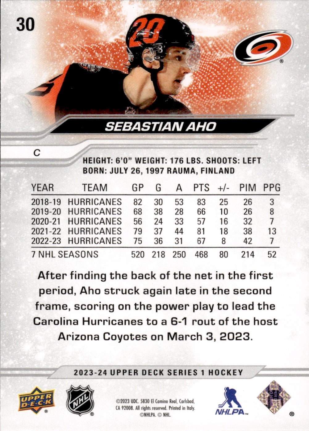 2023-24 Upper Deck Series 1 Hockey - Base #30 Sebastian Aho - Carolina Hurricanes