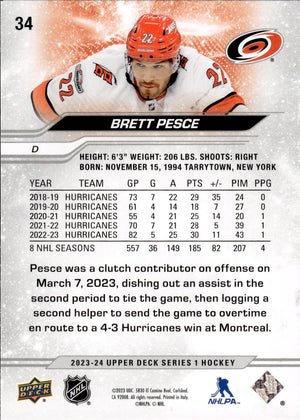 2023-24 Upper Deck Series 1 Hockey - Base #34 Brett Pesce - Carolina Hurricanes