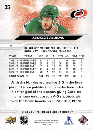 2023-24 Upper Deck Series 1 Hockey - Base #35 Jaccob Slavin - Carolina Hurricanes