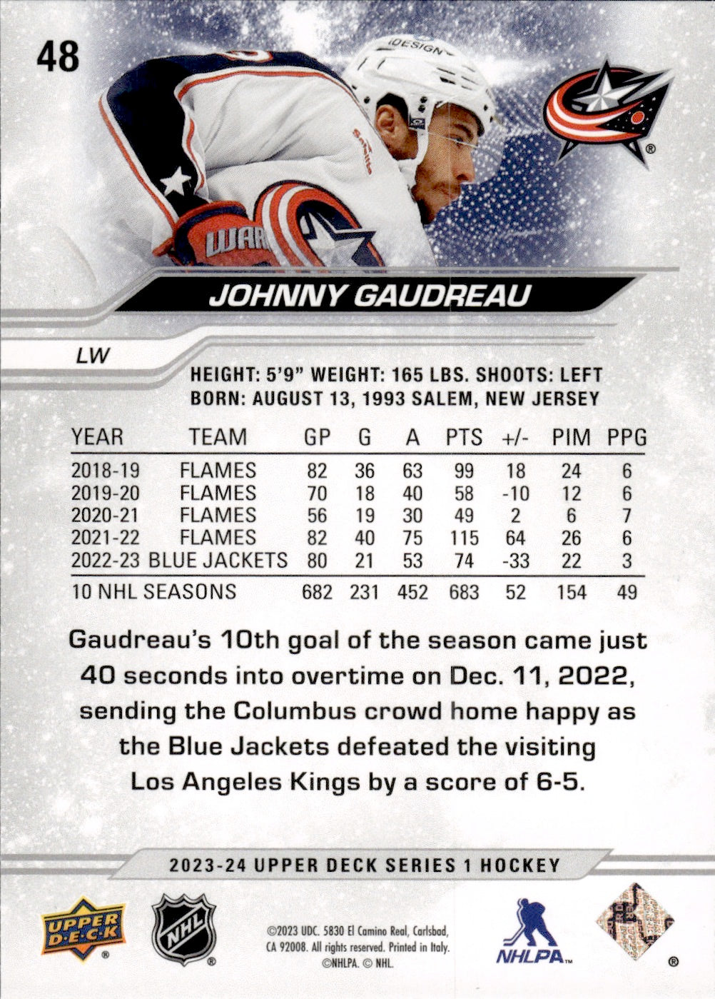 2023-24 Upper Deck Series 1 Hockey - Base #48 Johnny Gaudreau - Columbus Blue Jackets