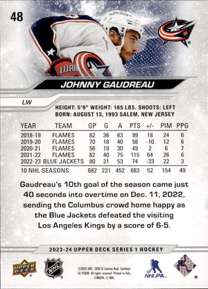 2023-24 Upper Deck Series 1 Hockey - Base #48 Johnny Gaudreau - Columbus Blue Jackets