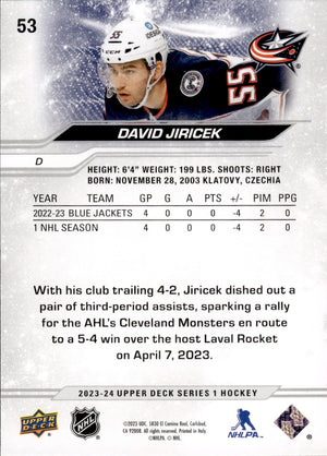 2023-24 Upper Deck Series 1 Hockey - Base #53 David Jiricek - Columbus Blue Jackets