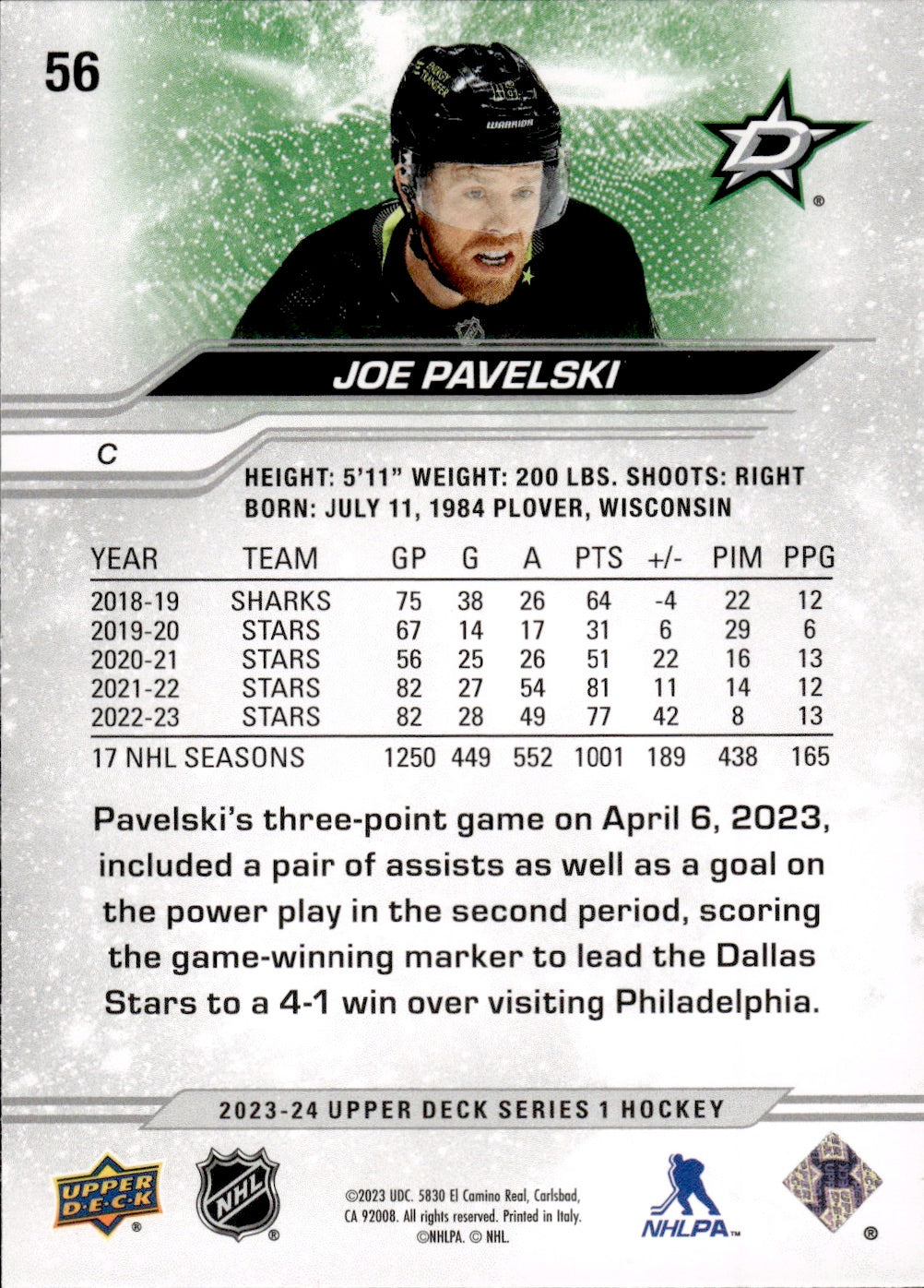 2023-24 Upper Deck Series 1 Hockey - Base #56 Joe Pavelski - Dallas Stars