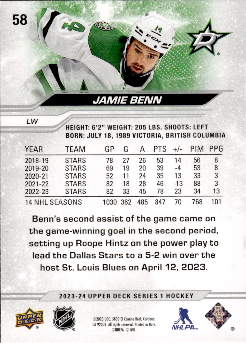 2023-24 Upper Deck Series 1 Hockey - Base #58 Jamie Benn - Dallas Stars