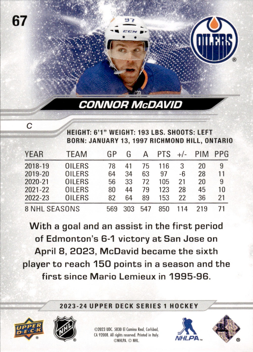 2023-24 Upper Deck Series 1 Hockey - Base #67 Connor McDavid - Edmonton Oilers