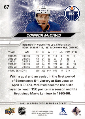 2023-24 Upper Deck Series 1 Hockey - Base #67 Connor McDavid - Edmonton Oilers