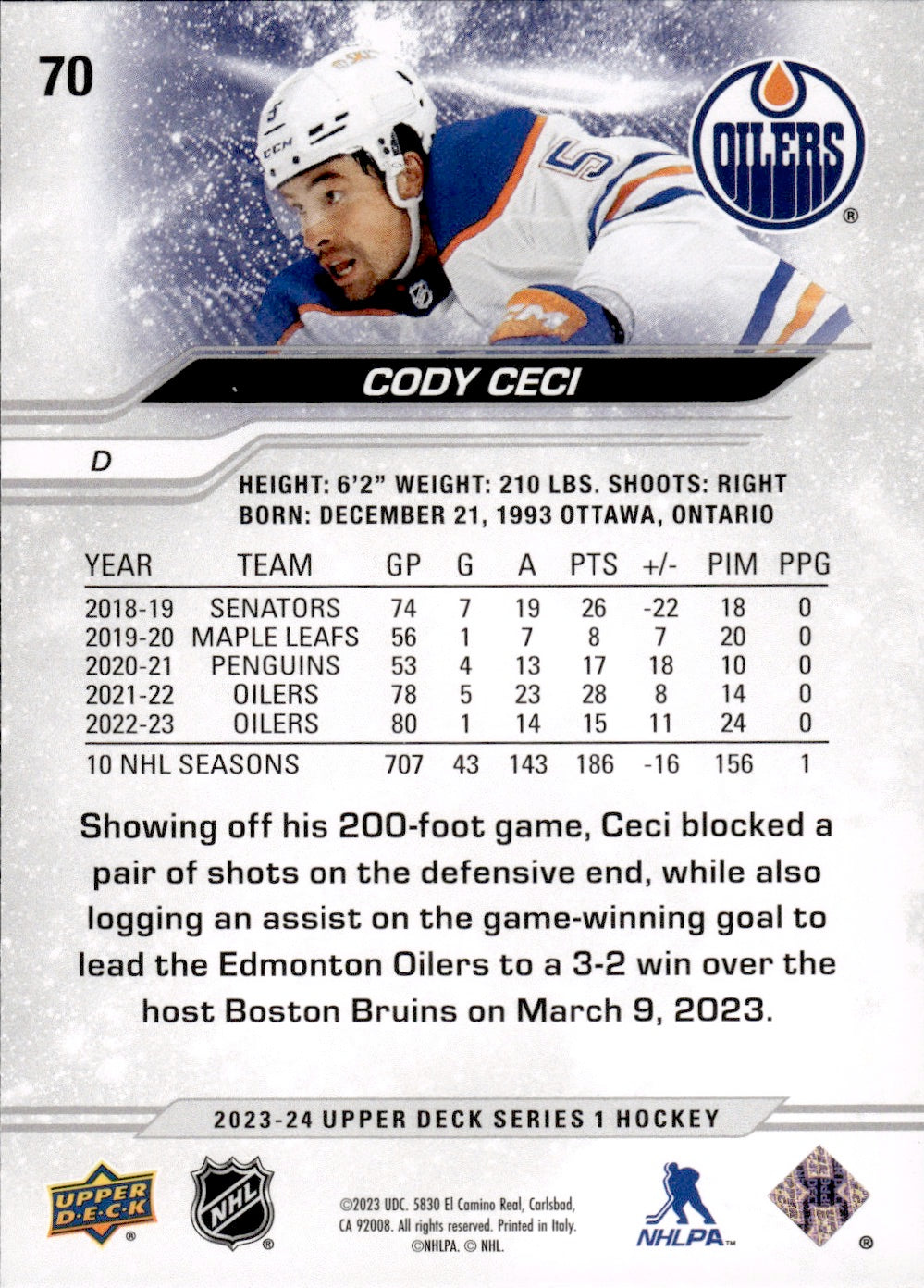 2023-24 Upper Deck Series 1 Hockey - Base #70 Cody Cici - Edmonton Oilers