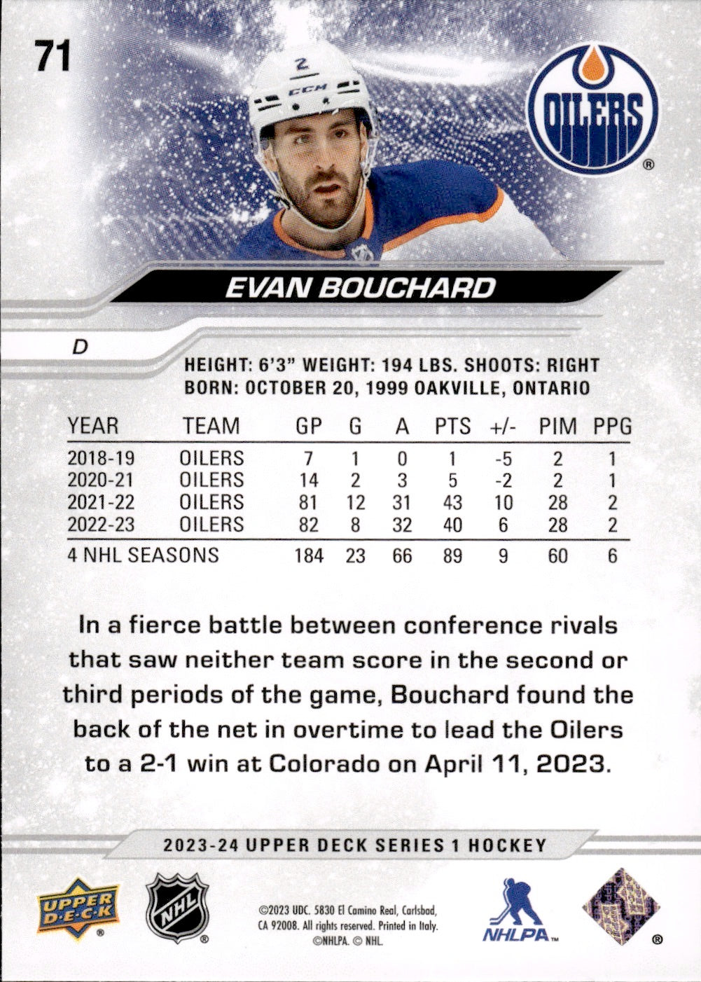 2023-24 Upper Deck Series 1 Hockey - Base #71 Evan Bouchard - Edmonton Oilers