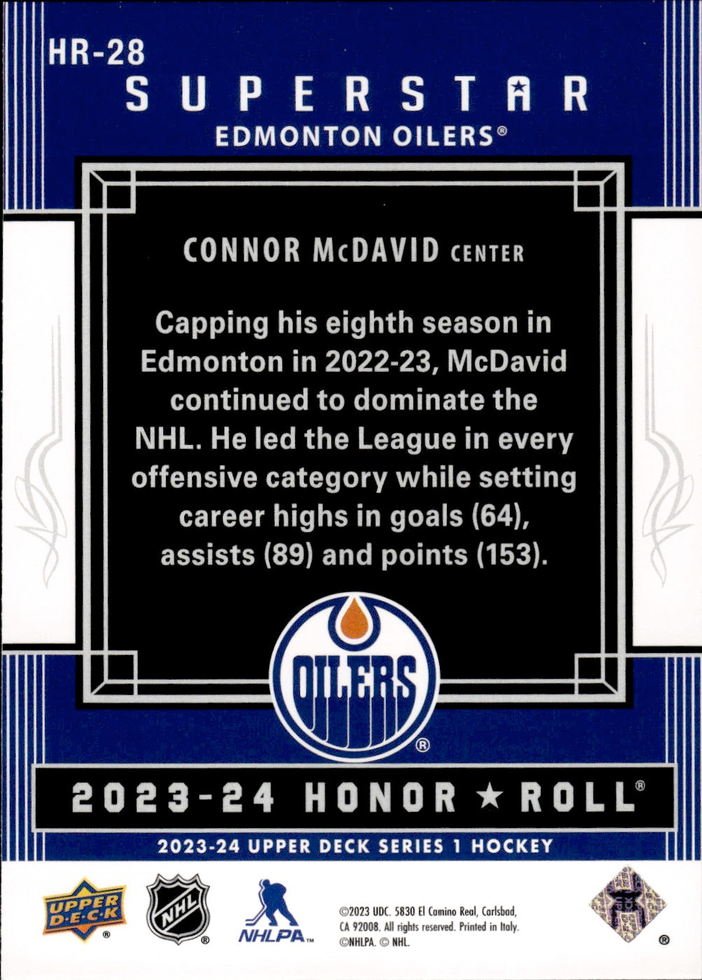 2023-24 Upper Deck Series 1 Hockey - Honor Roll - Superstar #HR-28 Connor McDavid - Edmonton Oilers