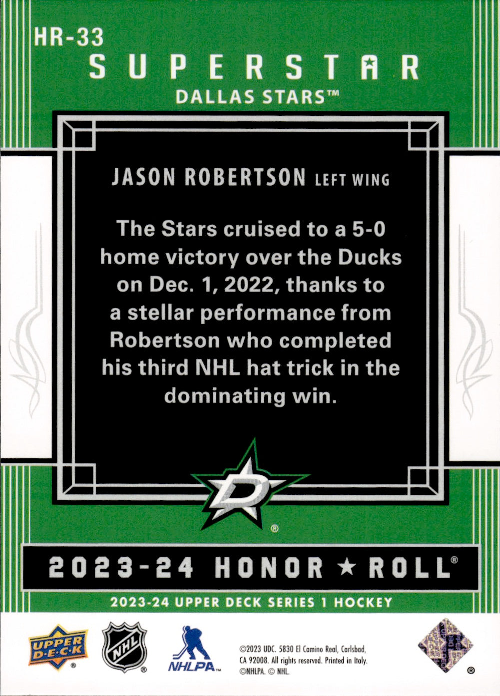 2023-24 Upper Deck Series 1 Hockey - Honor Roll - Superstar #HR-33 Jason Robertson - Dallas Stars