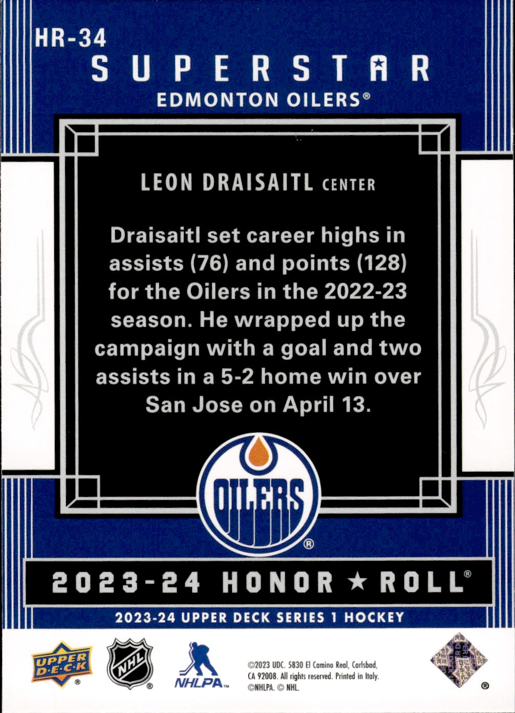 2023-24 Upper Deck Series 1 Hockey - Honor Roll - Superstar #HR-34 Leon Draisaitl - Edmonton Oilers