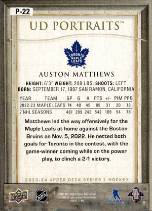 2023-24 Upper Deck Series 1 Hockey - UD Portraits #P-22 Auston Matthews - Toronto Maple Leafs