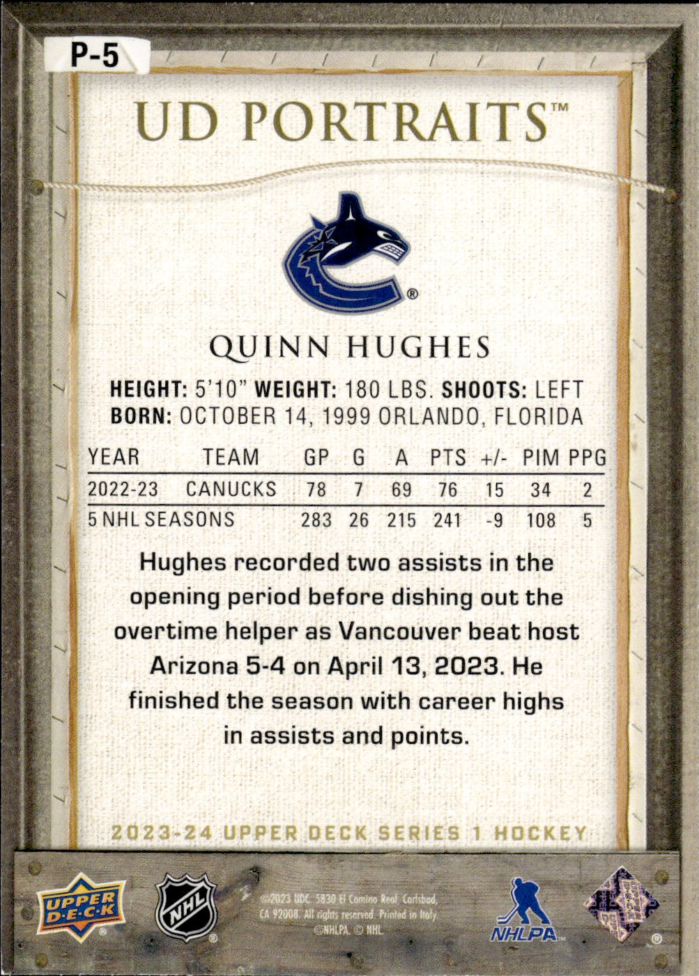 2023-24 Upper Deck Series 1 Hockey - UD Portraits #P-5 Quinn Hughes - Vancouver Canucks