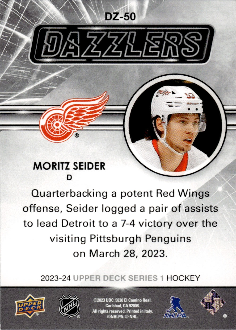 2023-24 Upper Deck Series 1 Hockey Dazzlers Green #DZ-50 Moritz Seider - Detroit Red Wings