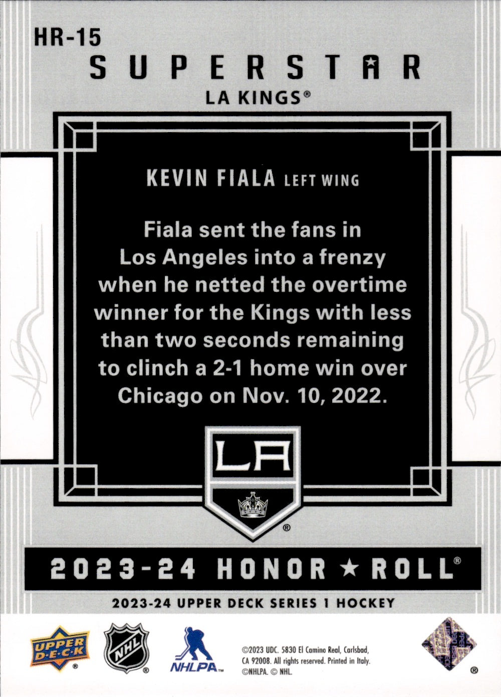 2023-24 Upper Deck Series 1 Hockey Honor Roll Superstars HR-15 Kevin Fiala - Los Angeles Kings