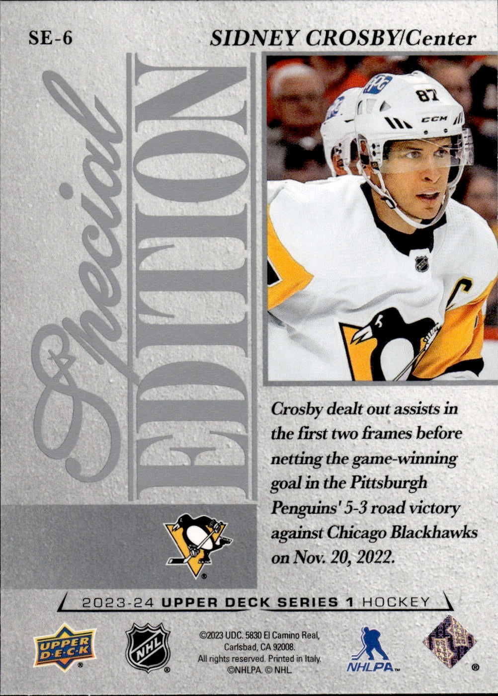 2023-24 Upper Deck Series 1 Hockey Special Edition #SB-6 Sidney Crosby - Pittsburgh Penguins