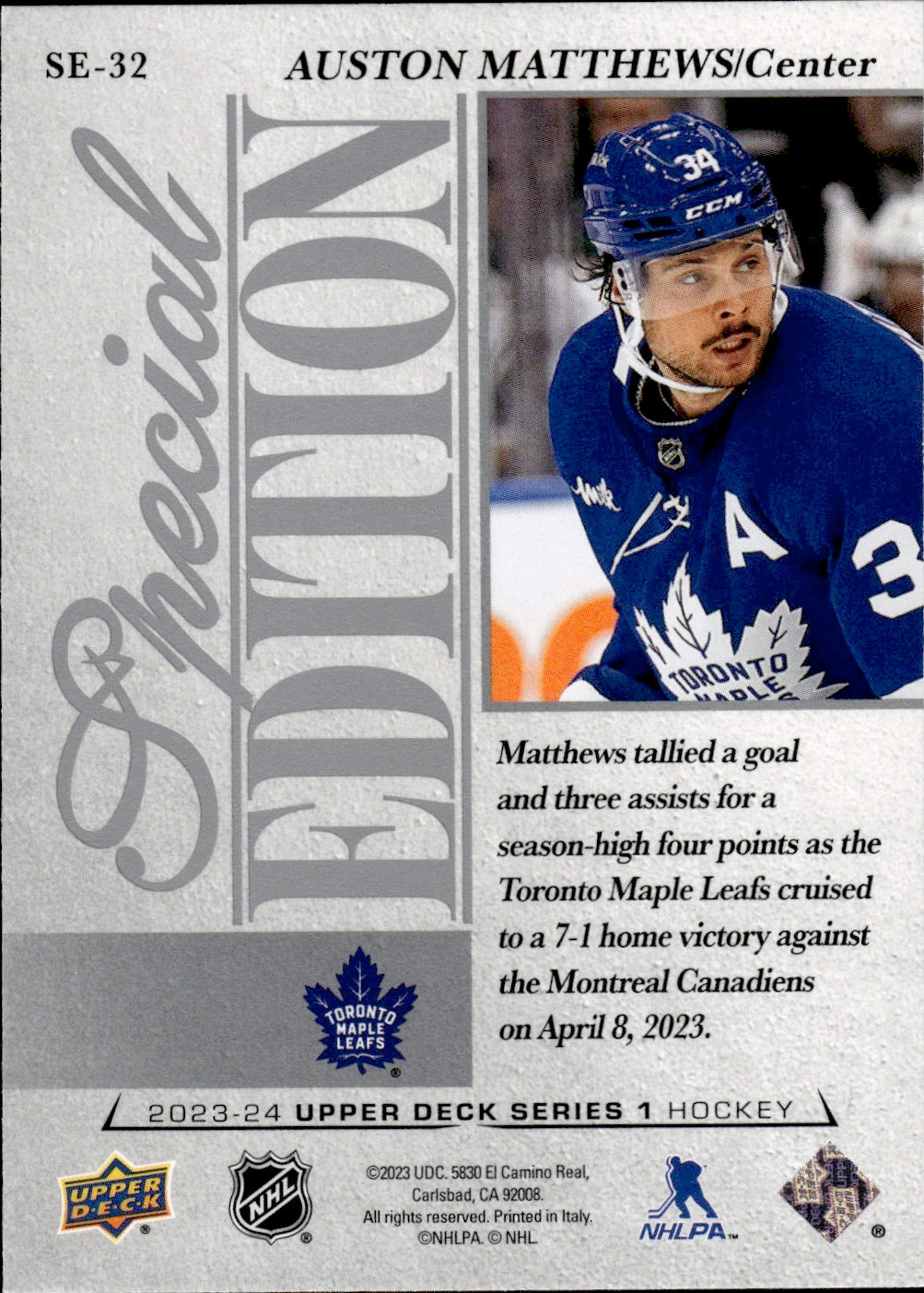 2023-24 Upper Deck Series 1 Hockey Special Edition #SE-32 Auston Matthews - Toronto Maple Leafs