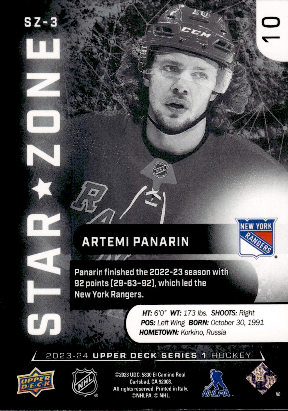 2023-24 Upper Deck Series 1 Hockey Star Zone #SZ-3 Artemi Panarin - New York Rangers