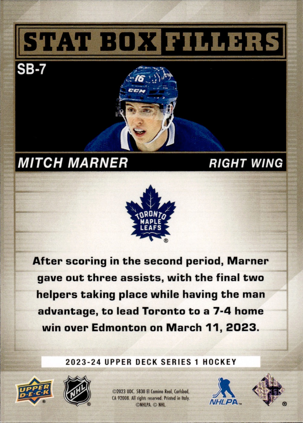 2023-24 Upper Deck Series 1 Hockey Stat Box Fillers #SB-7 Mitch Marner - Toronto Maple Leafs