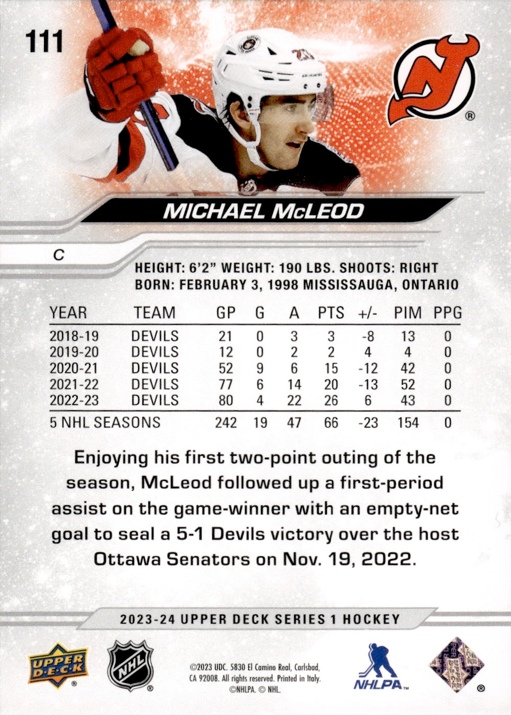 2023-24 Upper Deck Series 1 Hockey #111 Michael McLeod - New Jersey Devils