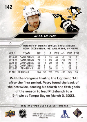 2023-24 Upper Deck Series 1 Hockey #142 Jeff Petry - Pittsburgh Penguins