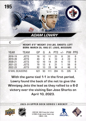 2023-24 Upper Deck Series 1 Hockey #195 Adam Lowry - Winnipeg Jets