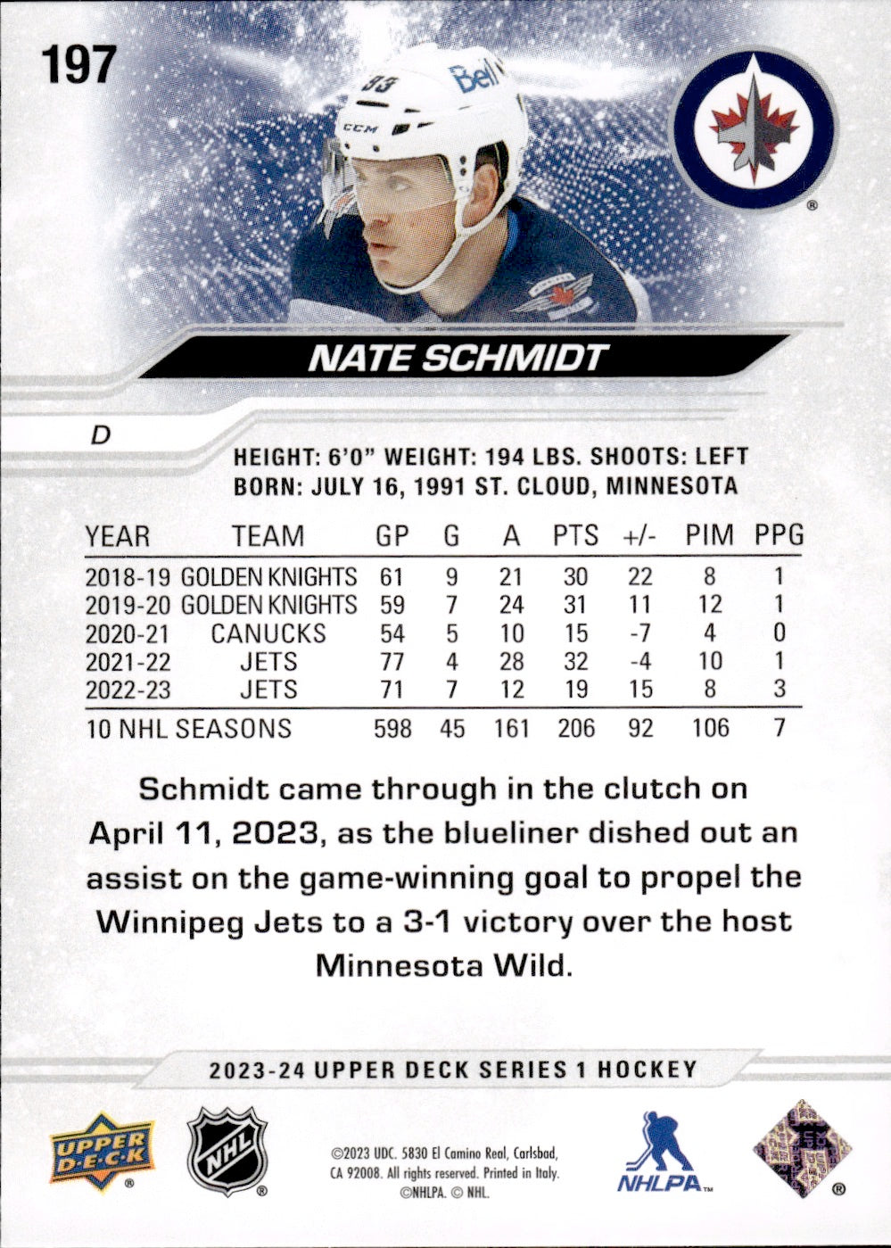 2023-24 Upper Deck Series 1 Hockey #197 Nate Schmidt - Winnipeg Jets