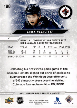 2023-24 Upper Deck Series 1 Hockey #198 Cole Perfetti - Winnipeg Jets