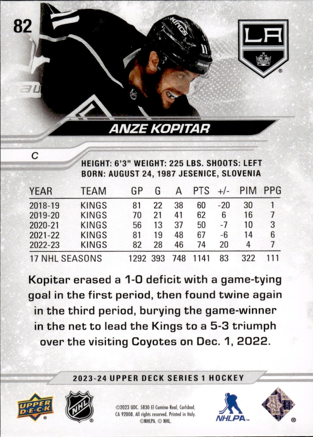 2023-24 Upper Deck Series 1 Hockey #82 Anze Kopitar - Los Angeles Kings