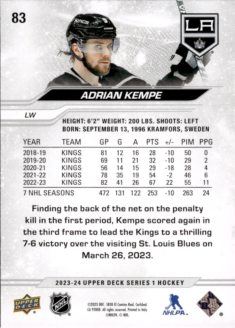 2023-24 Upper Deck Series 1 Hockey #82 Anze Kopitar - Los Angeles Kings