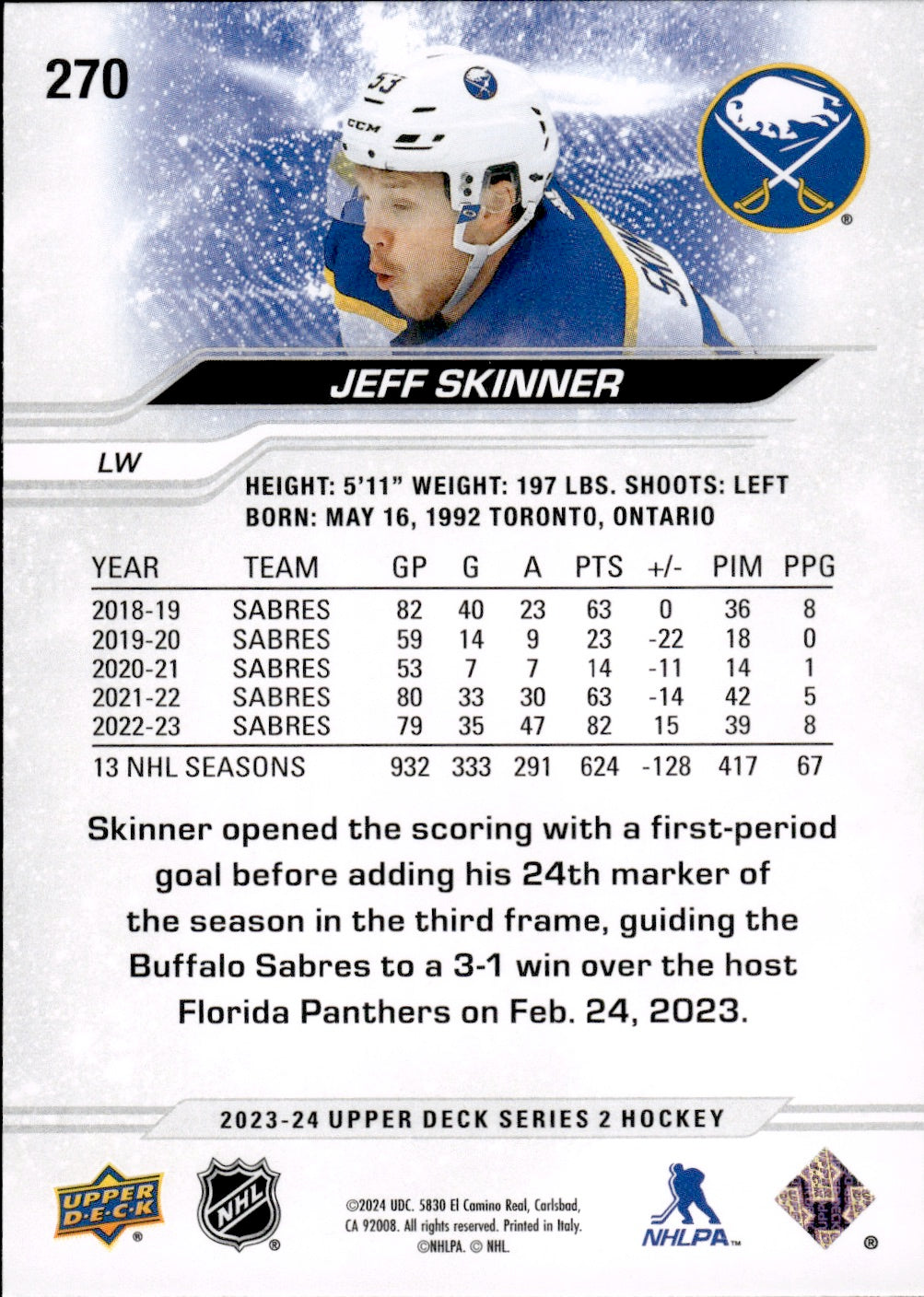 2023-24 Upper Deck Series 2 Hockey - Base #270 Jeff Skinner - Buffalo Sabres