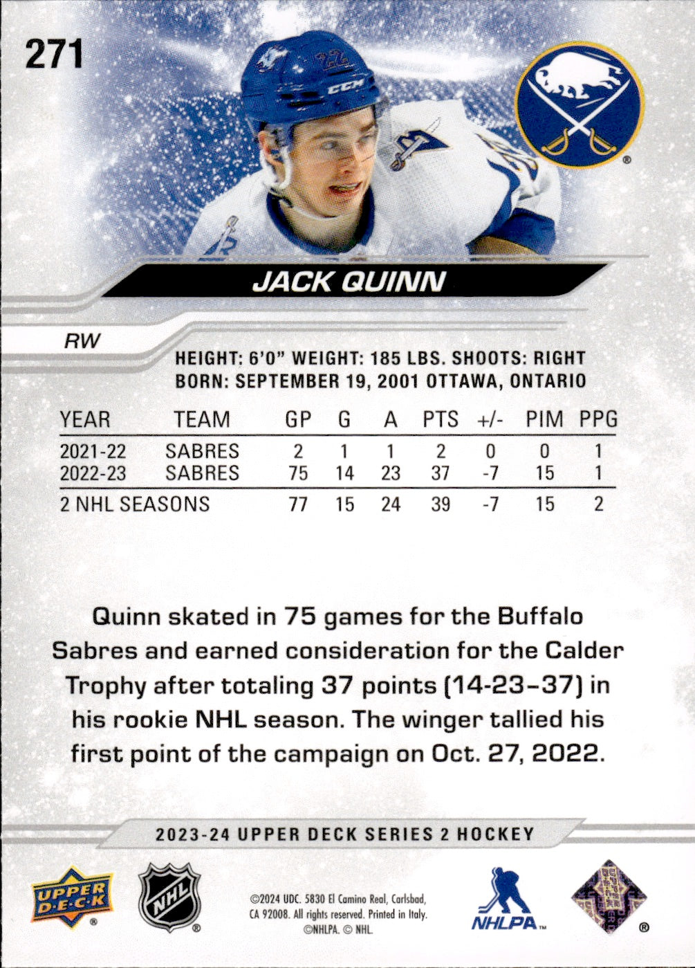 2023-24 Upper Deck Series 2 Hockey - Base #271 Jack Quinn - Buffalo Sabres