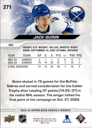 2023-24 Upper Deck Series 2 Hockey - Base #271 Jack Quinn - Buffalo Sabres