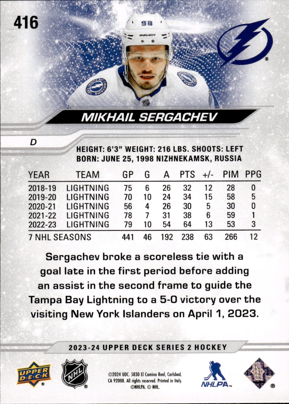 2023-24 Upper Deck Series 2 Hockey - Base #416 Mikhail Sergachev - Tampa Bay Lightning