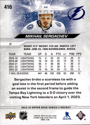 2023-24 Upper Deck Series 2 Hockey - Base #416 Mikhail Sergachev - Tampa Bay Lightning