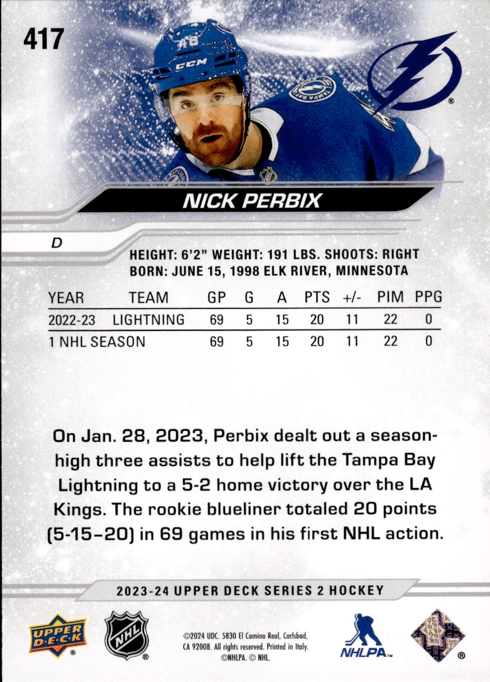 2023-24 Upper Deck Series 2 Hockey - Base #417 Nick Perbix - Tampa Bay Lightning