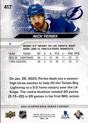 2023-24 Upper Deck Series 2 Hockey - Base #417 Nick Perbix - Tampa Bay Lightning