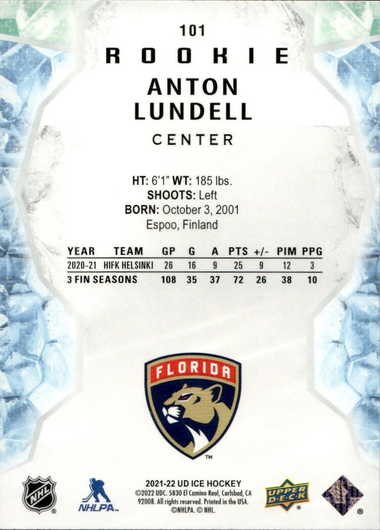 2021-22 Upper Deck Ice Hockey - Base - Rookie #101 Anton Lundell - Florida Panthers - B