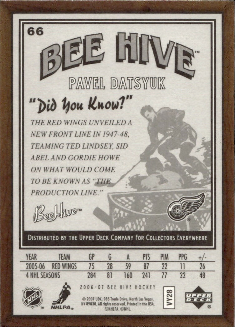 2006-07 Upper Deck - Bee Hive Hockey - Base #66 Pavel Datsyuk - Detroit Red Wings - B