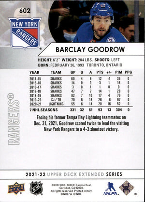 2021-22 Upper Deck Extended Series Hockey - Base #602 Barclay Goodrow - New York Rangers - B