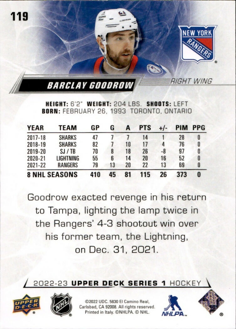 2022-23 Upper Deck Series 1 Hockey - Base #119 Barclay Goodrow - New York Rangers - B