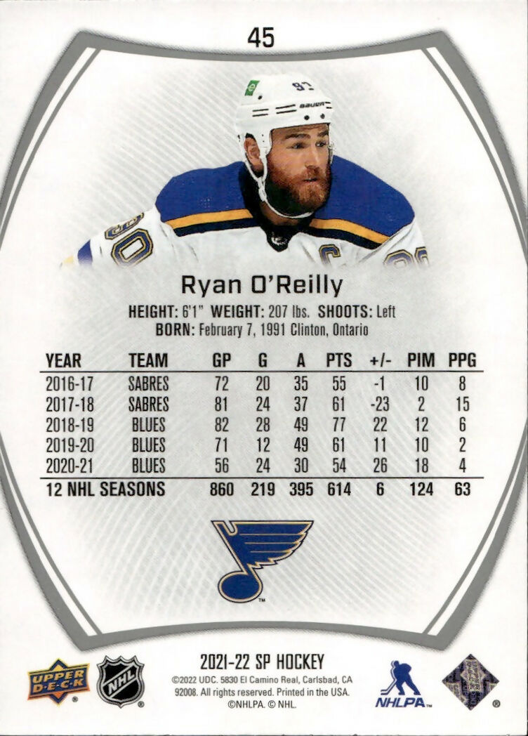 2021-22 Upper Deck SP Authentic Hockey - Base #45 Ryan O'Reilly - St. Louis Blues - B