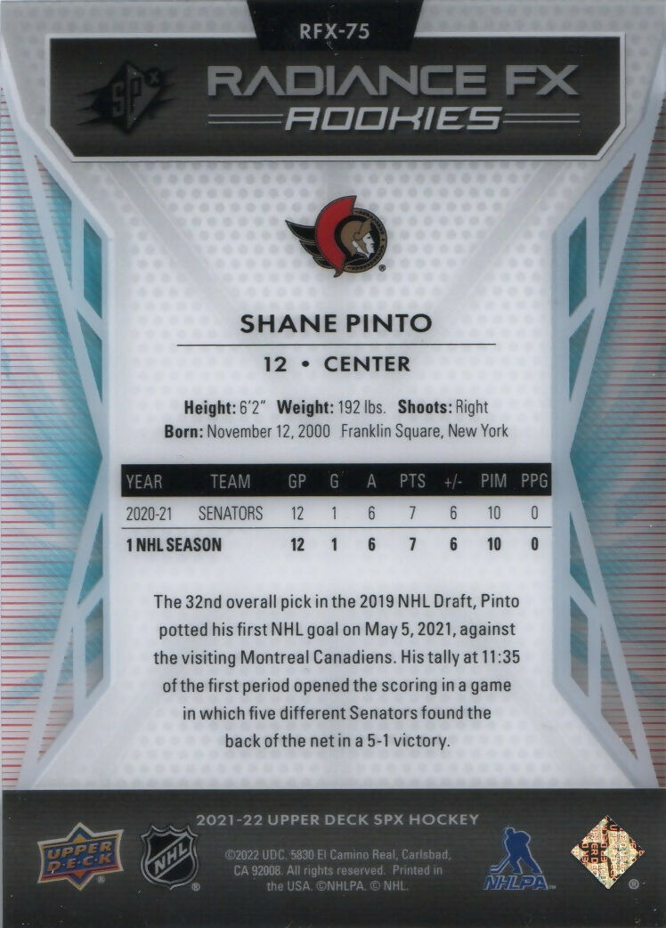 2021-22 Upper Deck SPX Hockey - Radiance FX - Rookies #RFX-75 Shane Pinto - Ottawa Senators - B