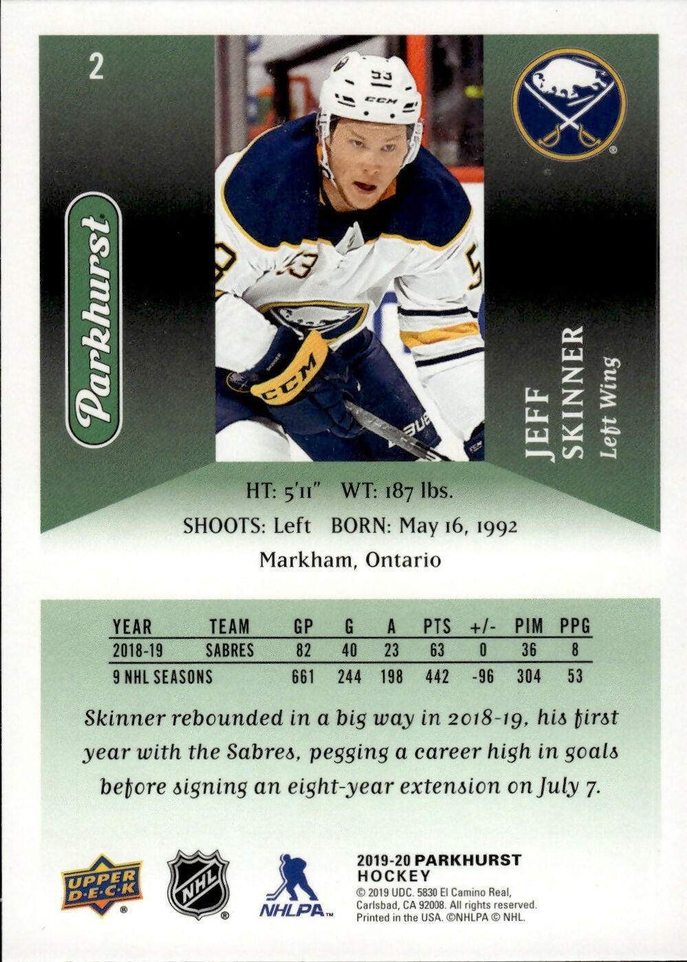 2019-20 Upper Deck Parkhurst Hockey - Base #2 Jeff Skinner - Buffalo Sabres