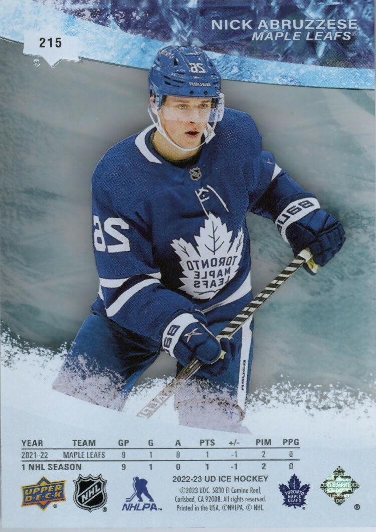 2022-23 Upper Deck Ice Hockey - Base - Ice Premiers /499 #215 Nick Abruzzese - Toronto Maple Leafs