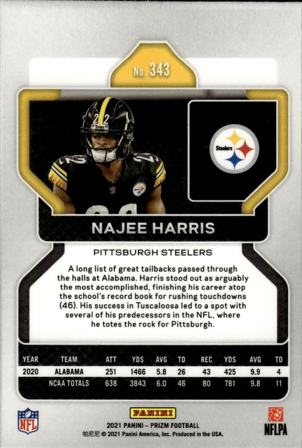 2021 Panini Prizm Football Base #343 Najee Harris RC Pittsburgh Steelers - B