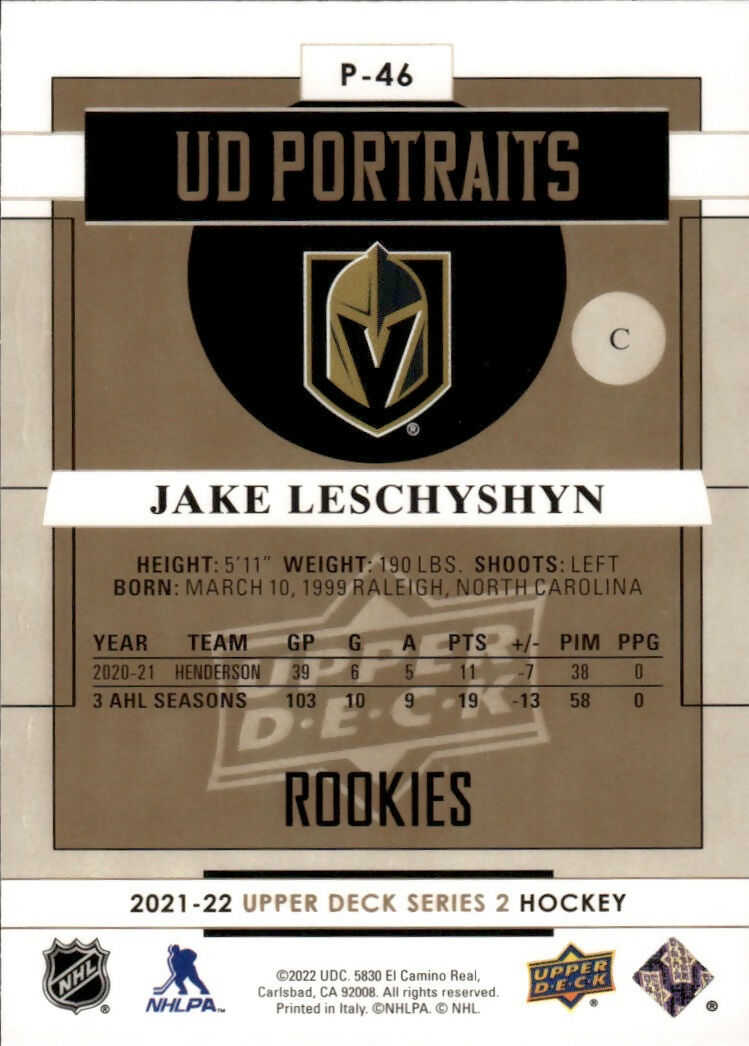 2021-22 Upper Deck Series 2 Hockey - UD Portraits #P-46 Jake Leschyshyn - Vegas Golden Knights - B