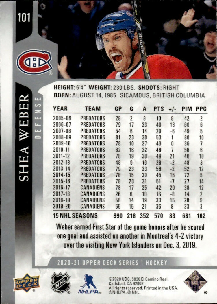 2020-21 Upper Deck Series 1 Hockey #101 Shea Weber - Montreal Canadiens